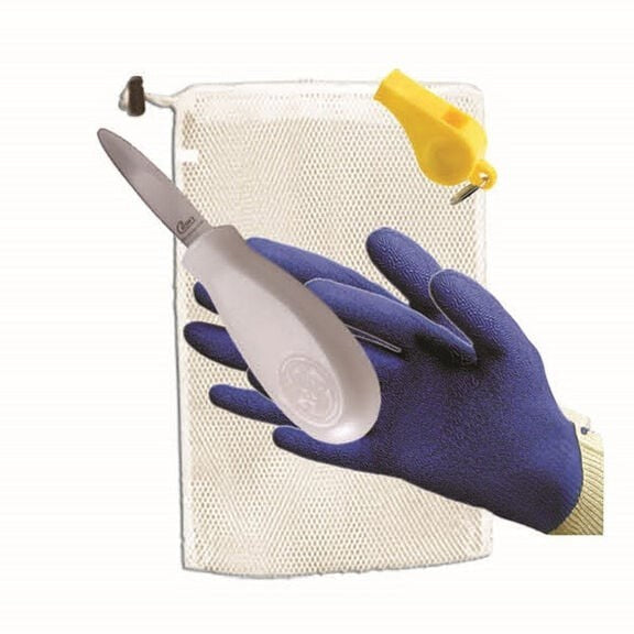 Dogfish Tackle & Marine scallop kit with mesh bag, knife, gloves, and whistle.