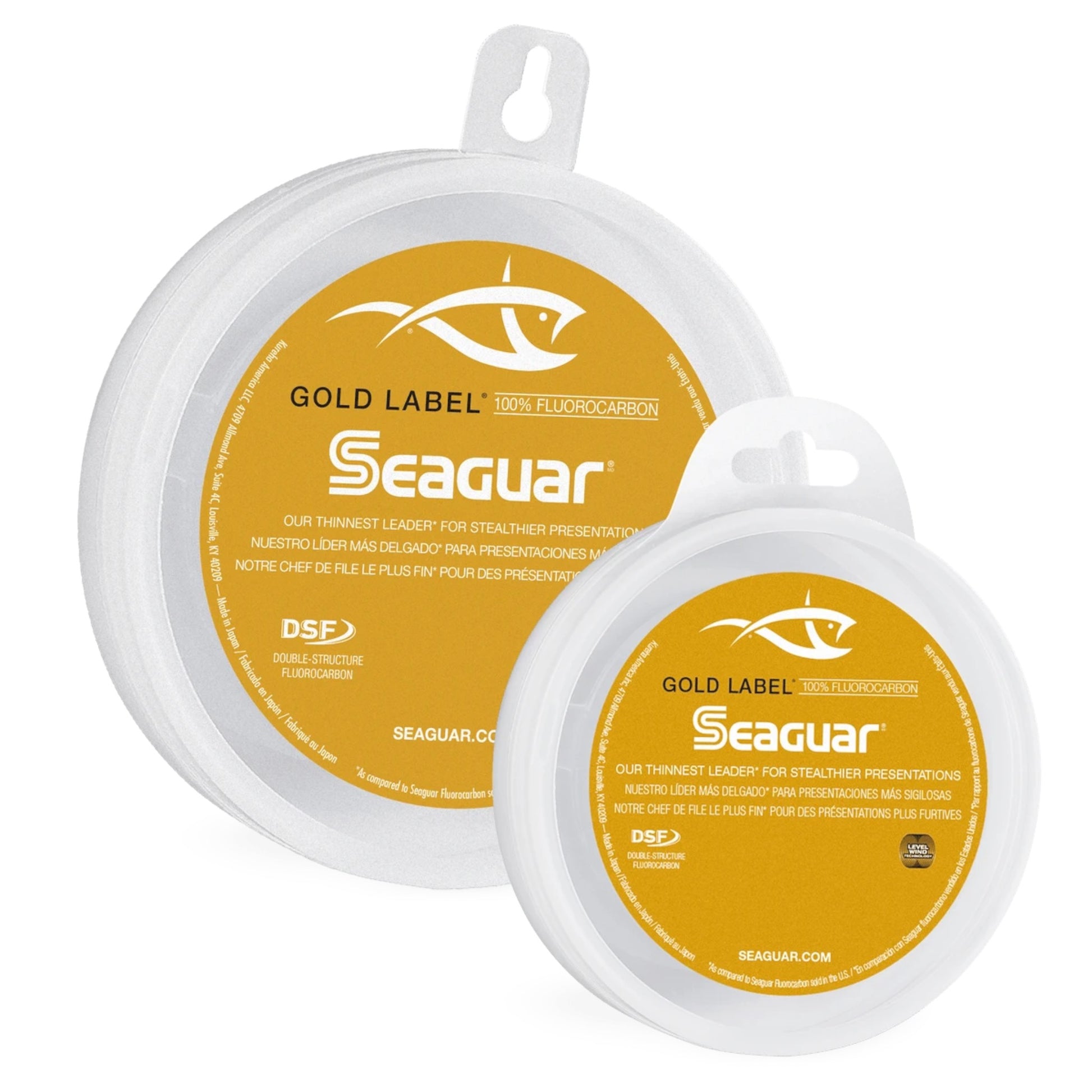 Dogfish Tackle & Marine Seaguar Gold Label fluorocarbon fishing leader spools in yellow and white packaging