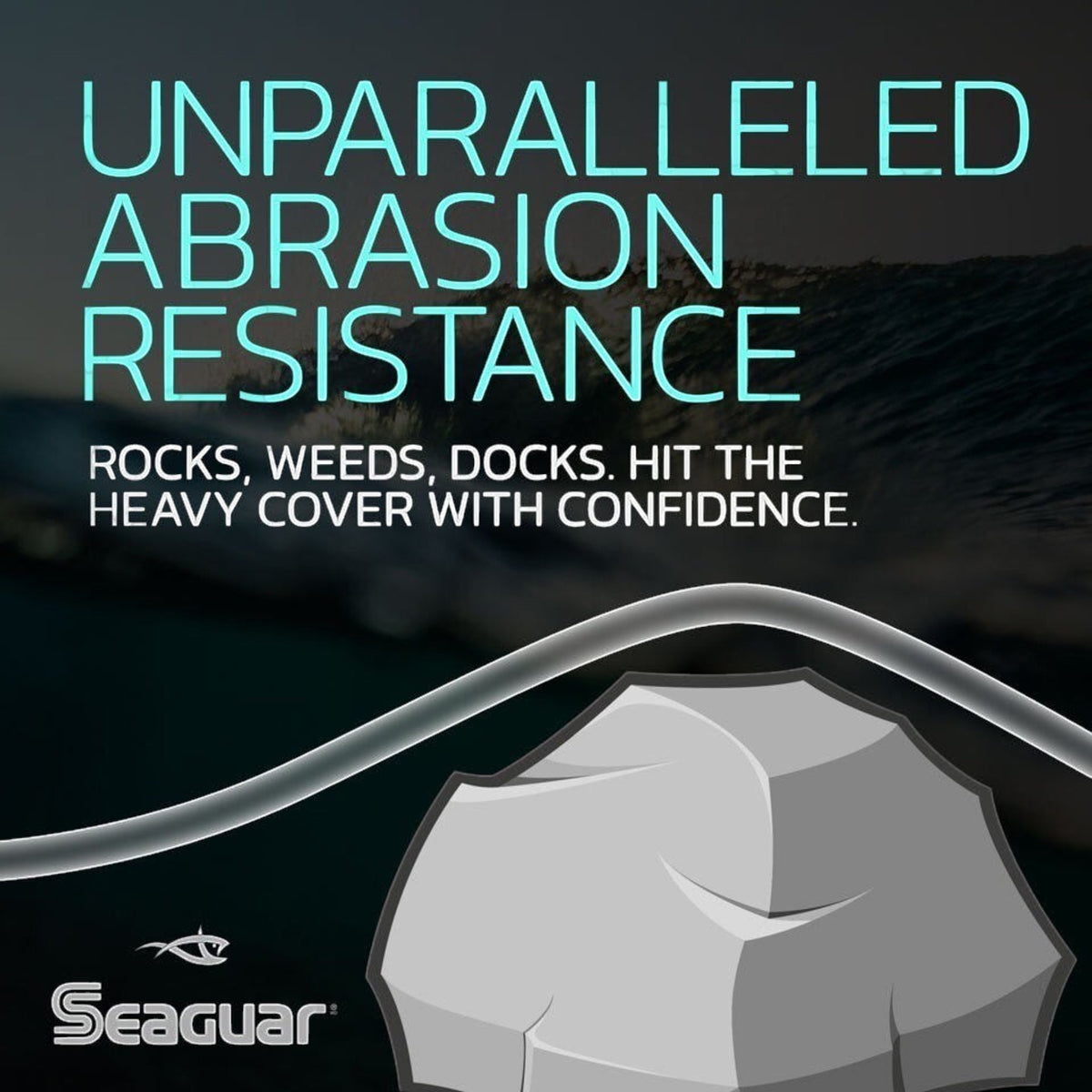 Dogfish Tackle & Marine promotional graphic for Seaguar Inshore Fluorocarbon Leader showing abrasion resistance