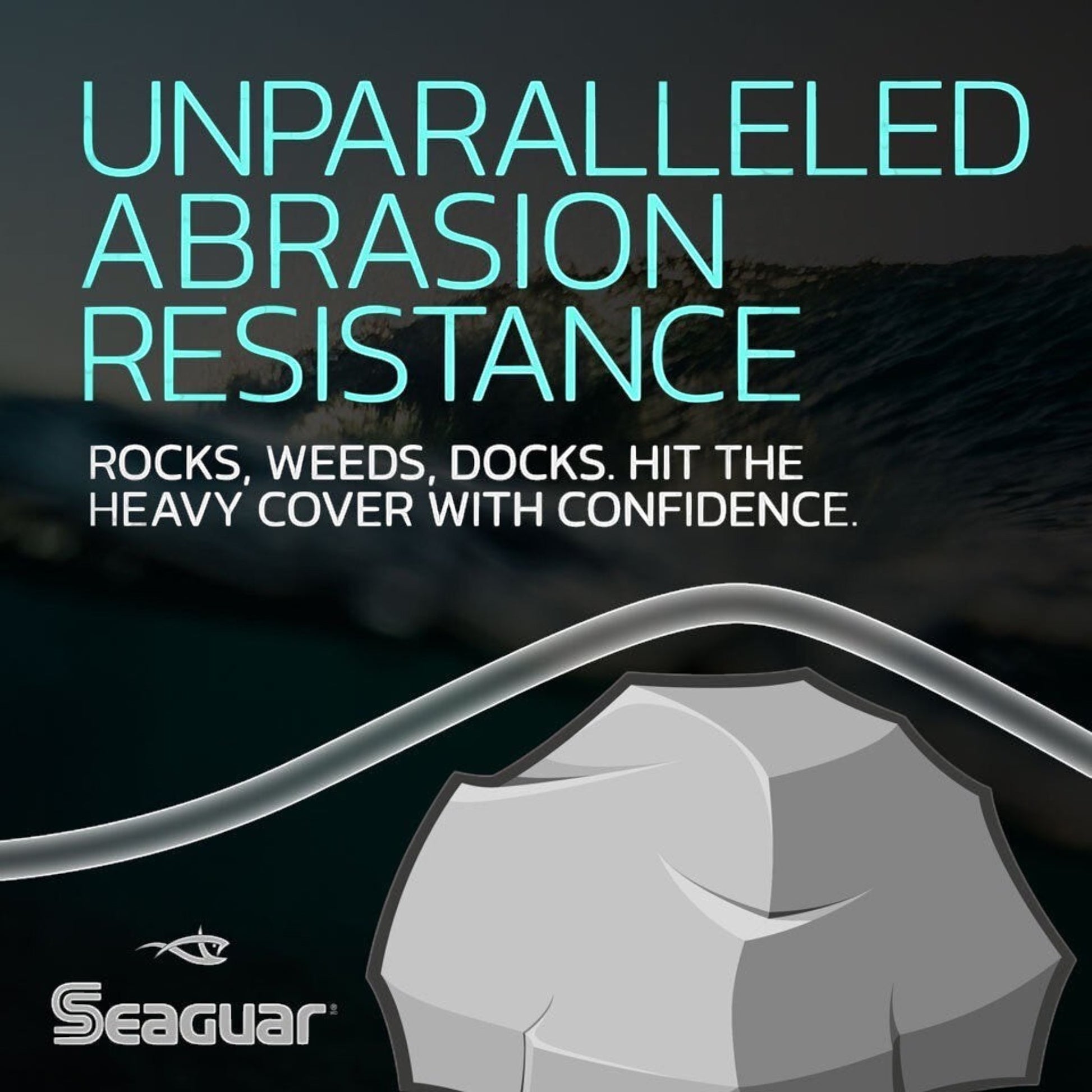 Dogfish Tackle & Marine Seaguar Gold Label fluorocarbon fishing line graphic showing abrasion resistance against rocks