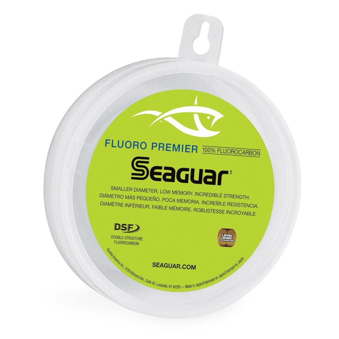 Dogfish Tackle & Marine Seaguar Premier fluorocarbon fishing line leader in a round white spool with green label
