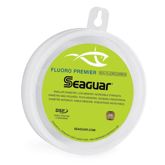 Dogfish Tackle & Marine Seaguar Premier fluorocarbon fishing line leader in a round white spool with green label