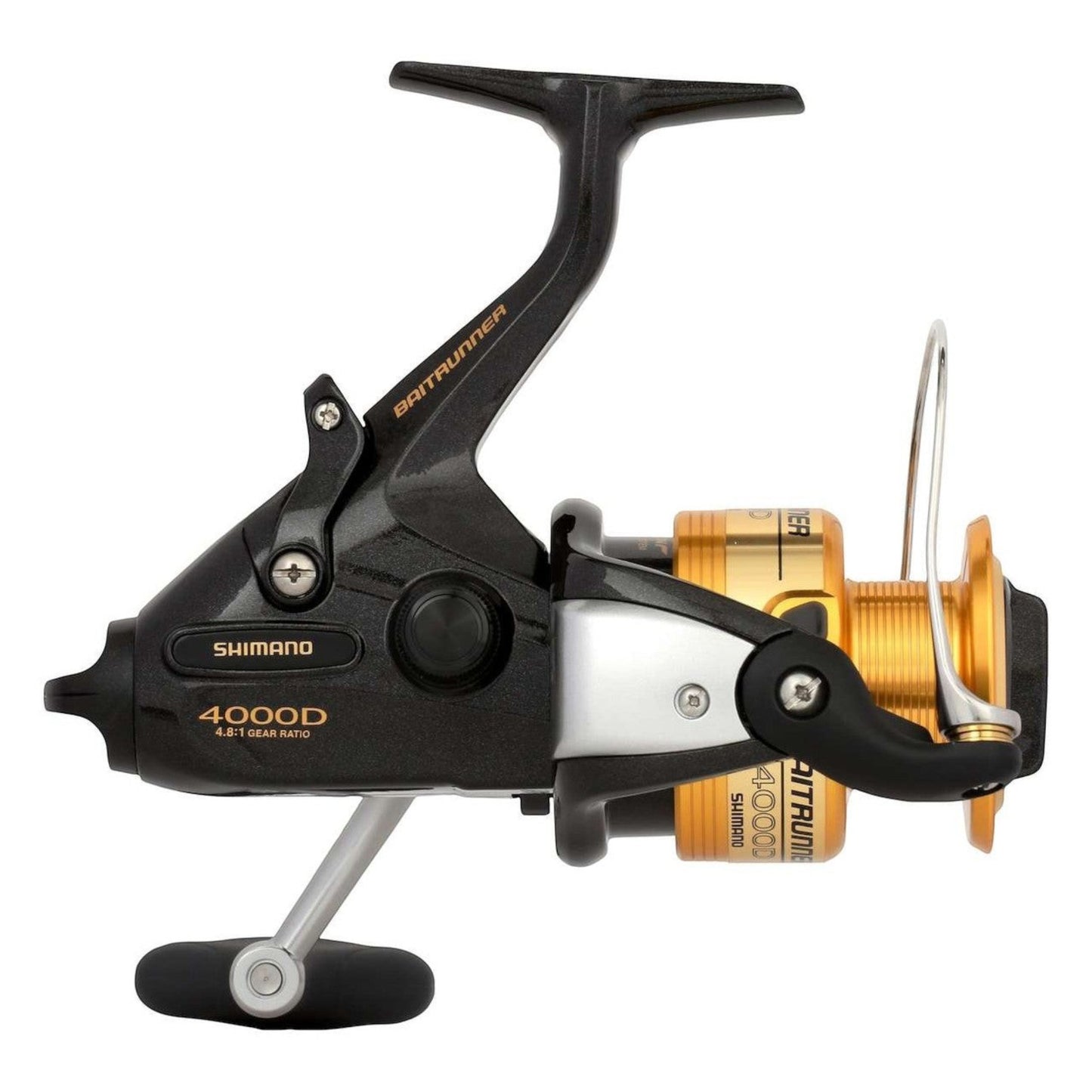 Dogfish Tackle & Marine Shimano Baitrunner D 4000D spinning reel in black and gold with a 4.8:1 gear ratio.