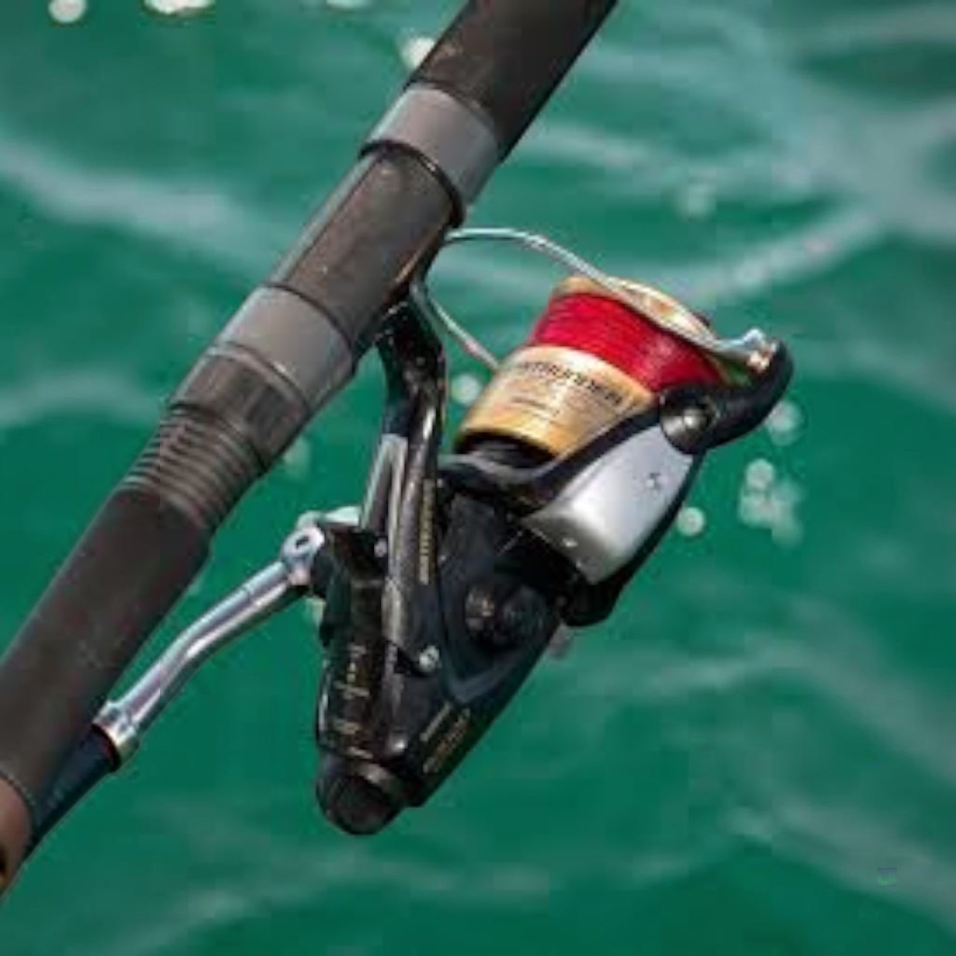 Dogfish Tackle & Marine Shimano Baitrunner D spinning reel with red line on spool, black and gold body.