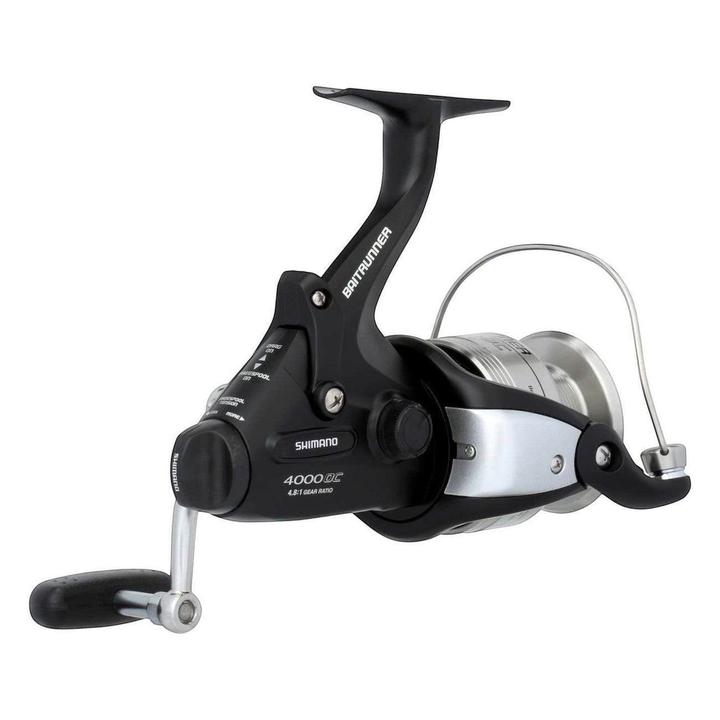 Dogfish Tackle & Marine Shimano Baitrunner OC 4000 saltwater spinning reel with black graphite body and silver spool.
