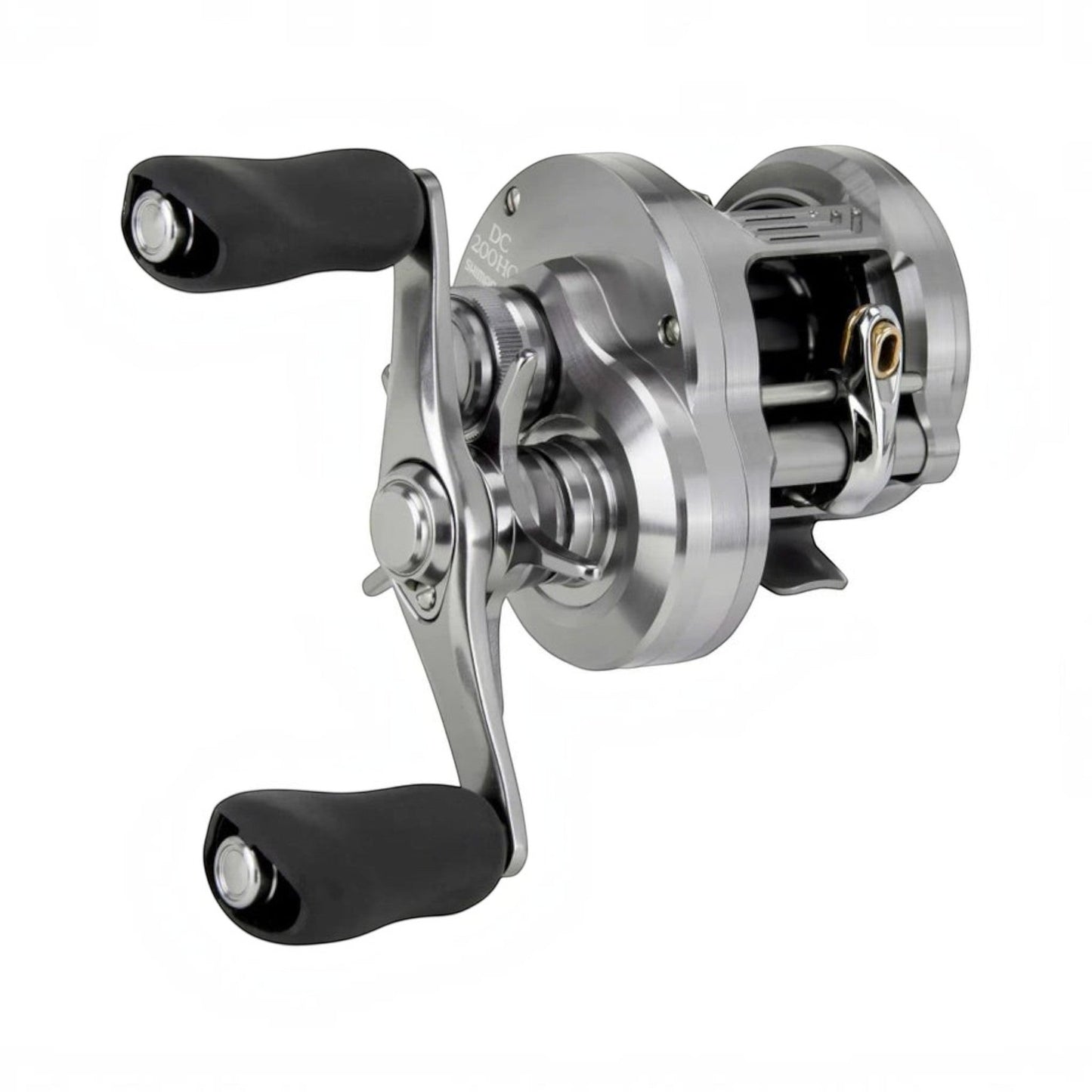 Dogfish Tackle & Marine Shimano Calcutta Conquest DC 200 silver metal baitcasting reel with black handle knobs.