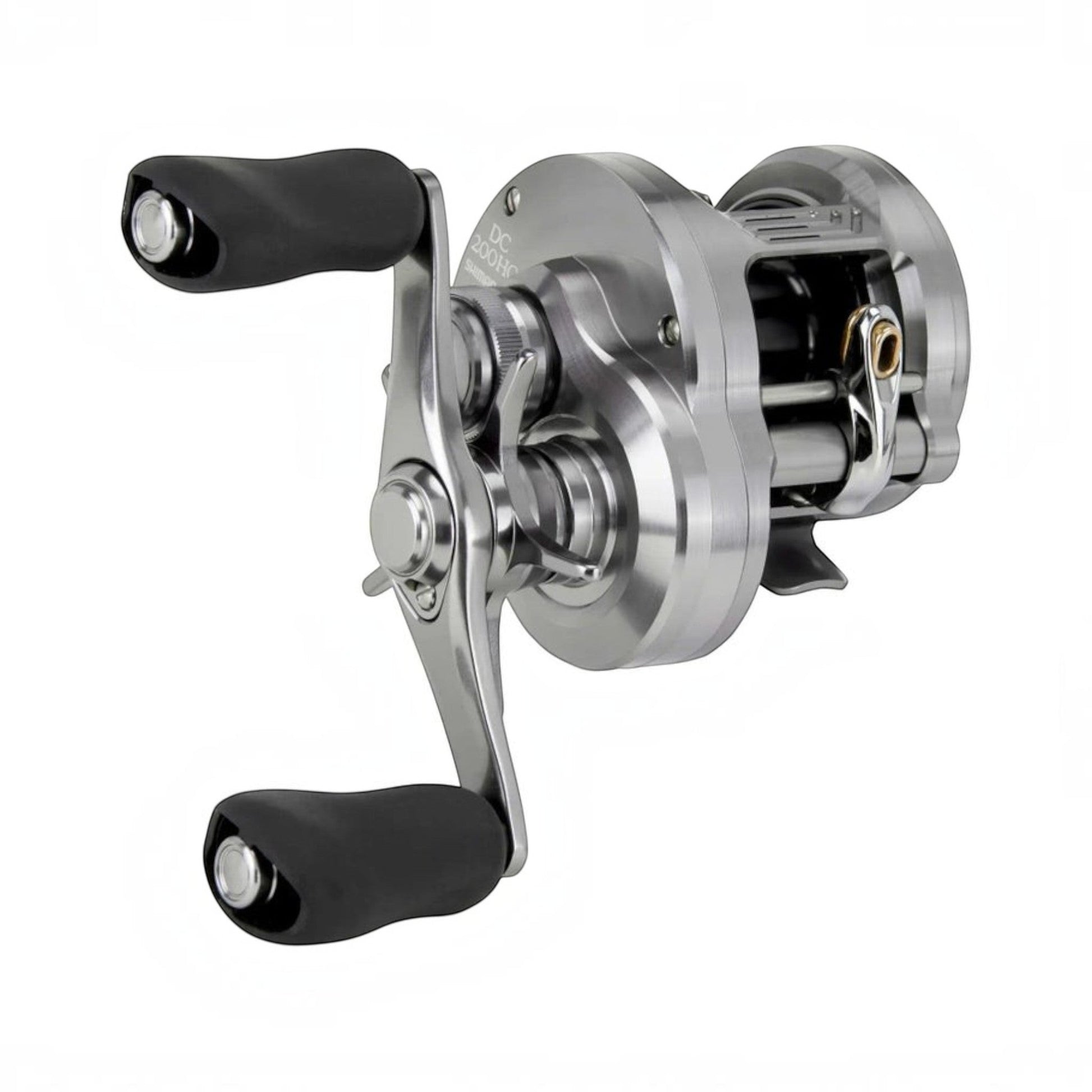Dogfish Tackle & Marine Shimano Calcutta Conquest DC 200 silver metal baitcasting reel with black ergonomic handles.
