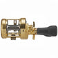 Dogfish Tackle & Marine Shimano Calcutta Conquest MD casting reel, gold finish, with black handle and drag star.
