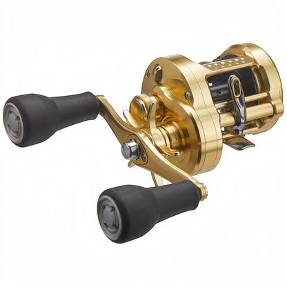Dogfish Tackle & Marine Shimano Calcutta Conquest MD casting reel in gold with black grips. Features SVS MD Tune braking.