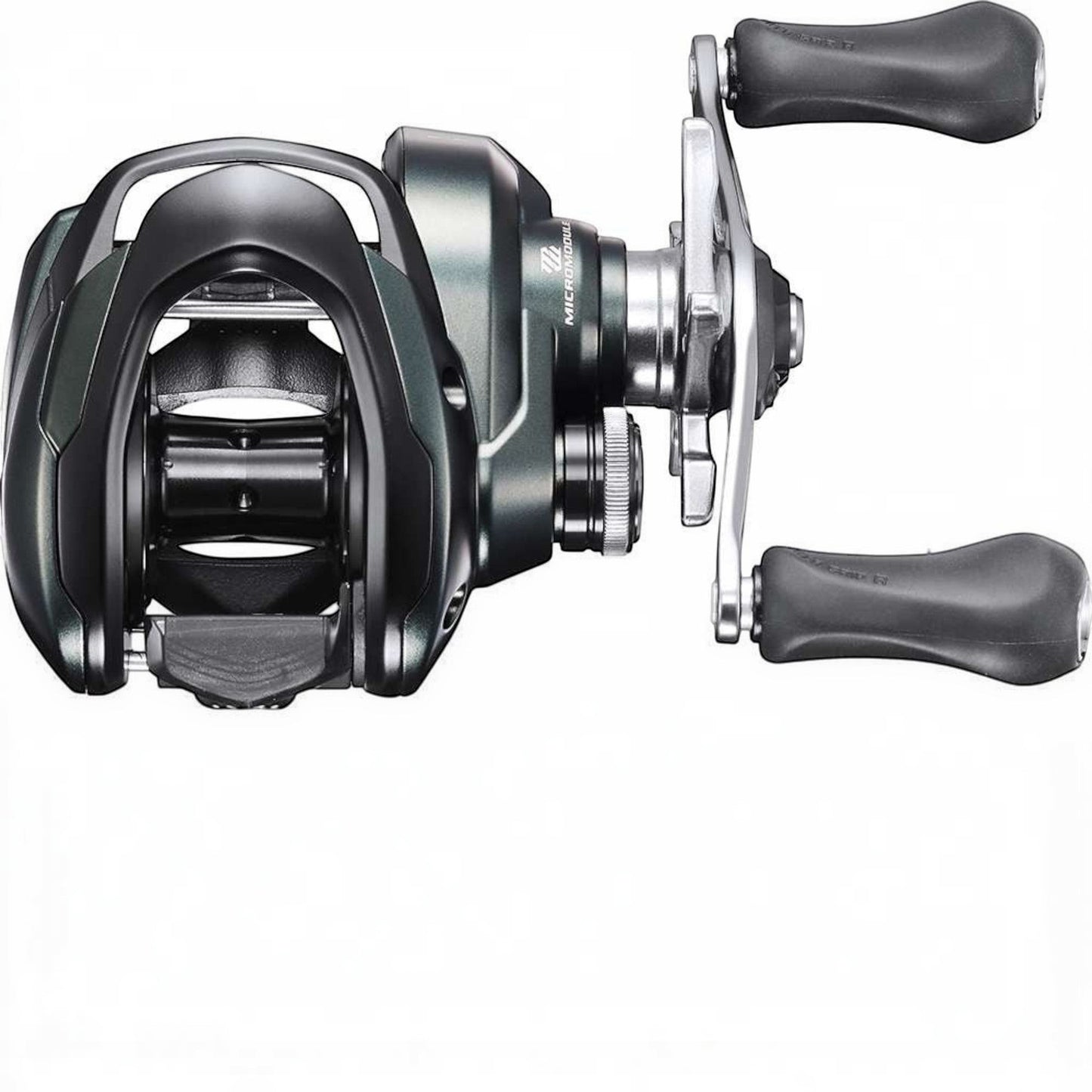 Dogfish Tackle & Marine Shimano Curado MGL baitcasting reel, dark grey aluminum body, MGL spool, silver handle with black grips.