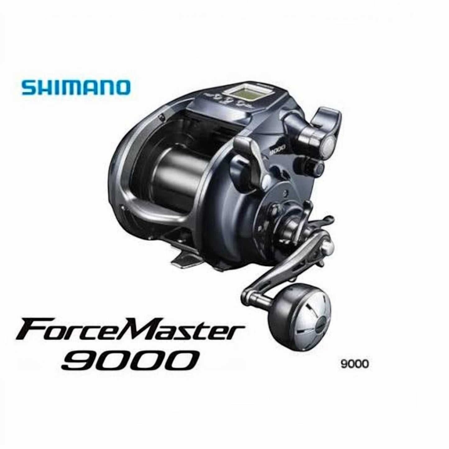 Dogfish Tackle & Marine Shimano ForceMaster 9000A electric fishing reel, dark grey with silver accents, digital display, and crank handle.