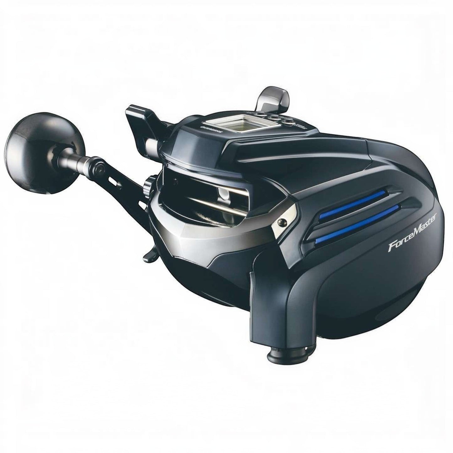 Dogfish Tackle & Marine Shimano ForceMaster 9000A electric fishing reel, black with blue accents, features a large handle and digital display.