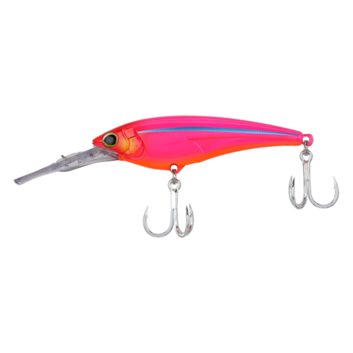Dogfish Tackle & Marine Shimano Ledge Runner lure, bright pink with blue stripe, two treble hooks, diving lip