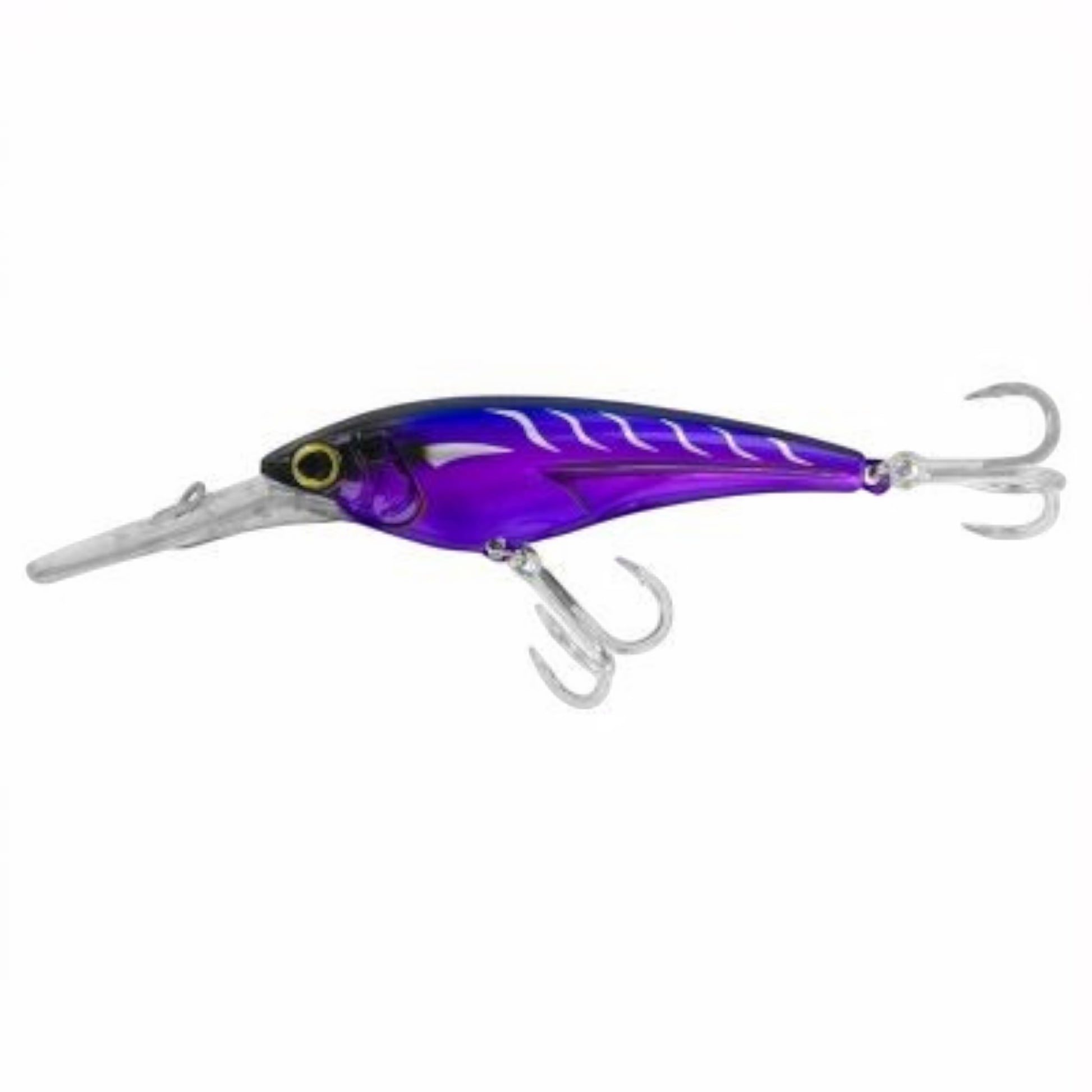 Dogfish Tackle & Marine Shimano Ledge Runner lure, purple and blue with white stripes, two treble hooks, and a diving lip.