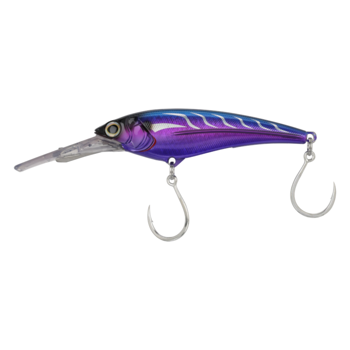 Dogfish Tackle & Marine Shimano Ledge Runner Lure, purple and blue with silver accents, two hooks, diving plug for fishing.