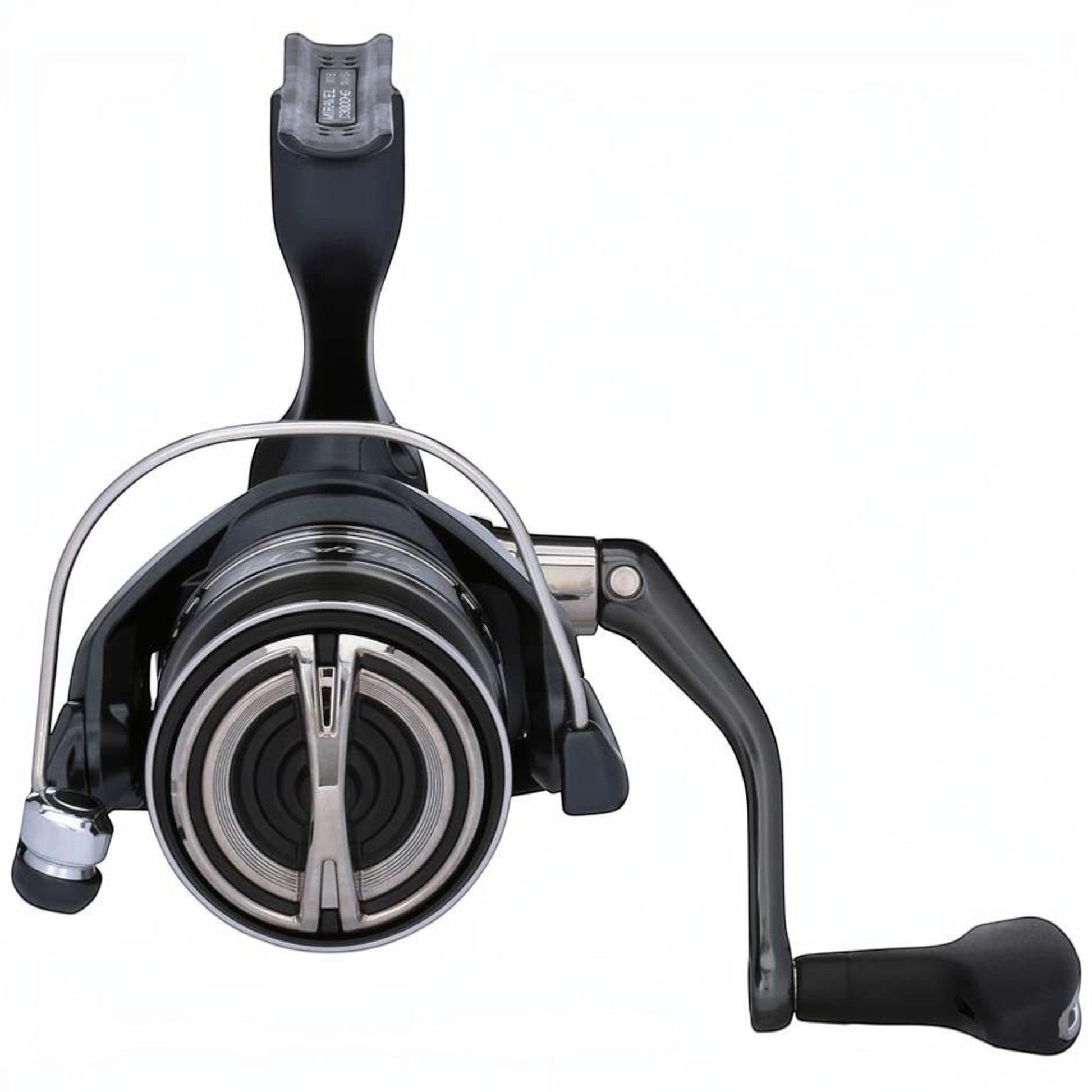 Dogfish Tackle & Marine Shimano Miravel spinning reel, black CI4+ body, MGL rotor, and silver accents. Lightweight and versatile for freshwater and inshore fishing.