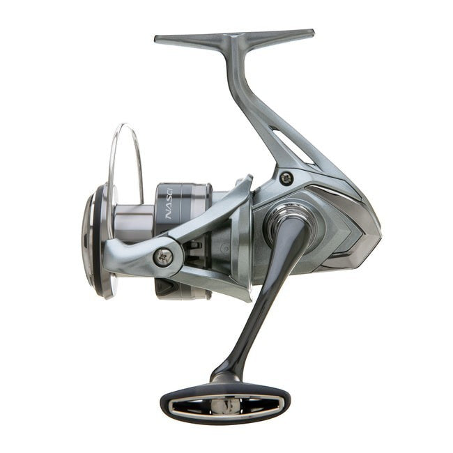 Dogfish Tackle & Marine Shimano Nasci FC spinning reel in silver with HAGANE Gear and CoreProtect technology.