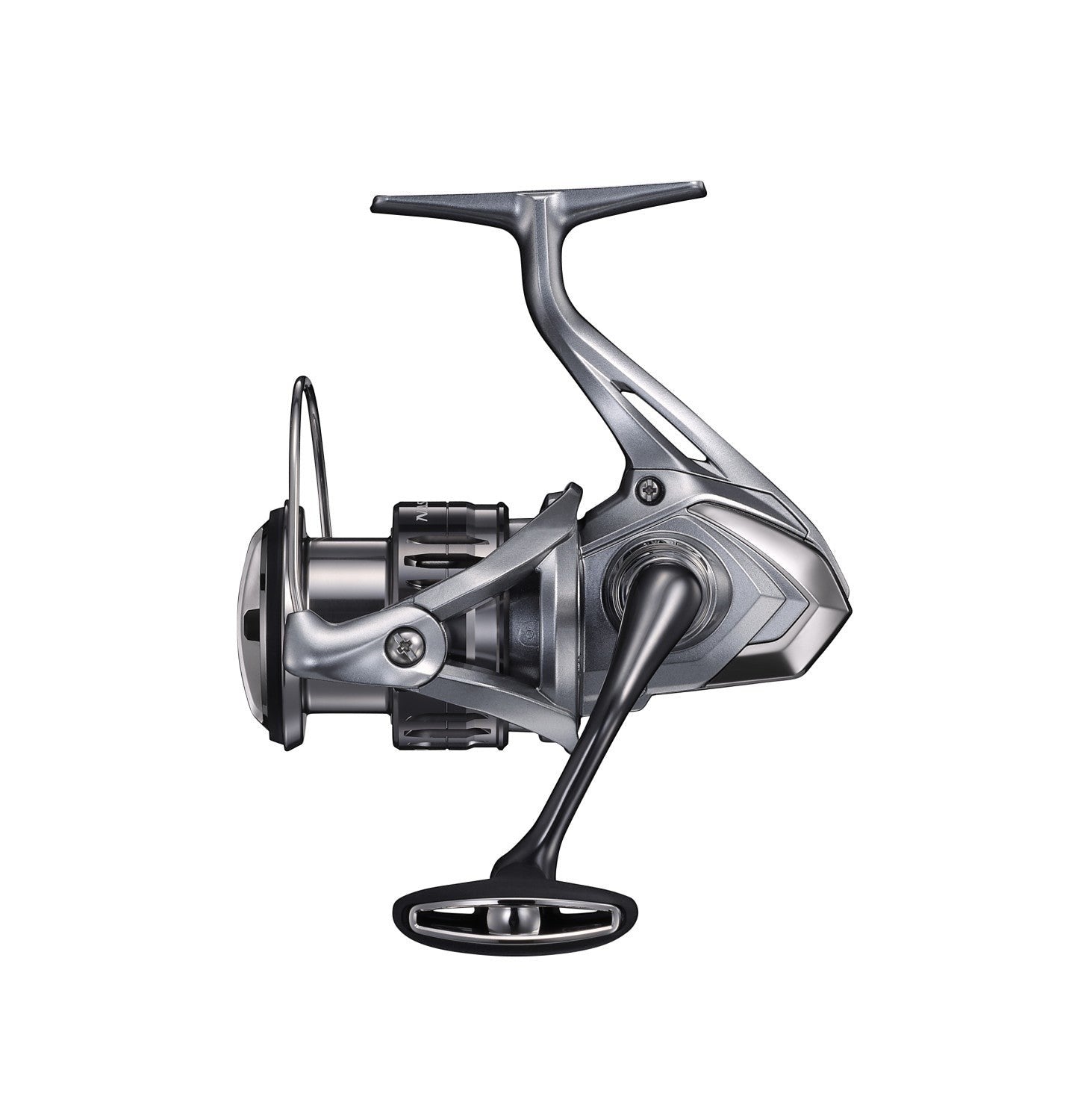 Dogfish Tackle & Marine Shimano Nasci FC spinning reel in silver and black, featuring HAGANE Gear and CoreProtect.