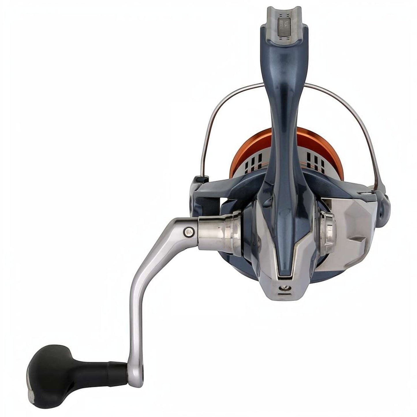 Dogfish Tackle & Marine Shimano Nasci FD spinning reel in blue and silver with orange accents. Features a folding handle and black grip.