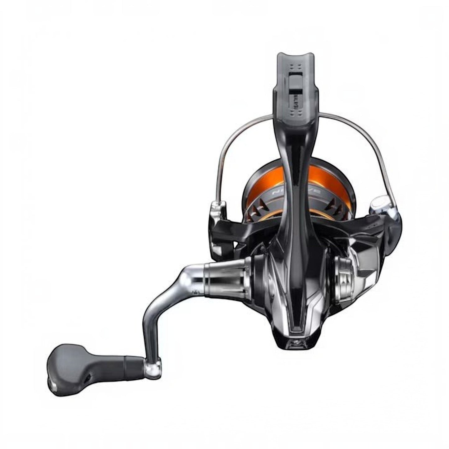 Dogfish Tackle & Marine Shimano Nexave FJ spinning reel with black body and orange spool. Features a silver handle and grey grip.