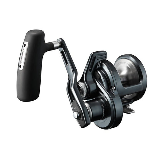 Dogfish Tackle & Marine Shimano Ocea Jigger 2500HG lever drag fishing reel in gunmetal with black handle.