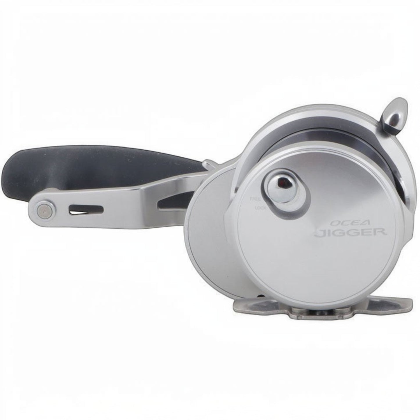Dogfish Tackle & Marine Shimano Ocea Jigger Star Drag Conventional Reel, silver aluminum frame, black handle, for jigging.