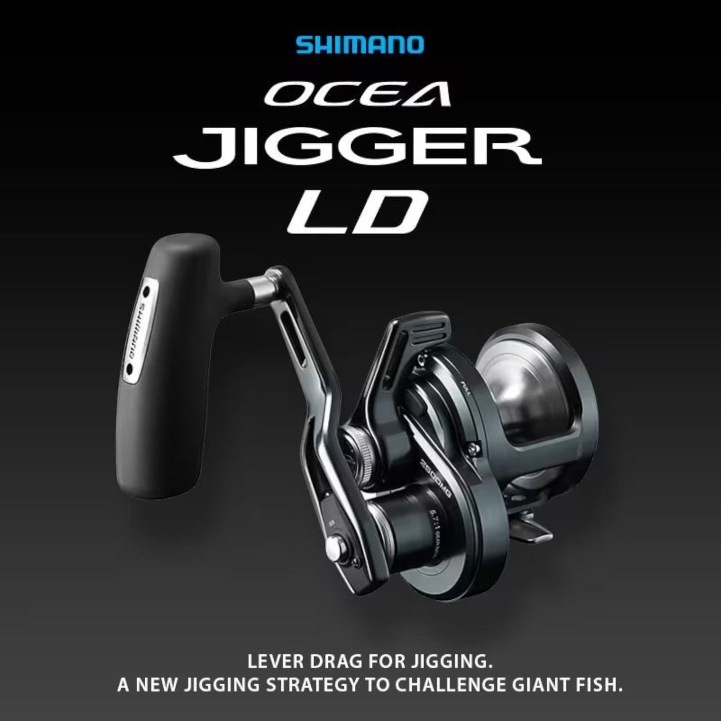 Dogfish Tackle & Marine Shimano Ocea Jigger LD 2500HG lever drag fishing reel in gunmetal. Features Infinity Drive and HAGANE Body.
