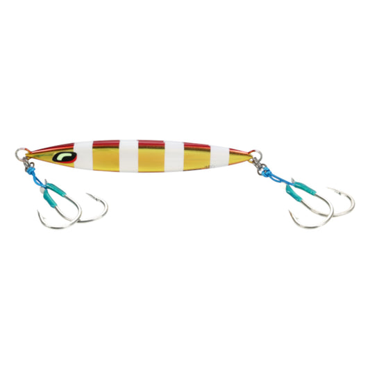 Dogfish Tackle & Marine Shimano Ocea Sardine Waver 180g slow pitch jig in red and gold with dual assist hooks.