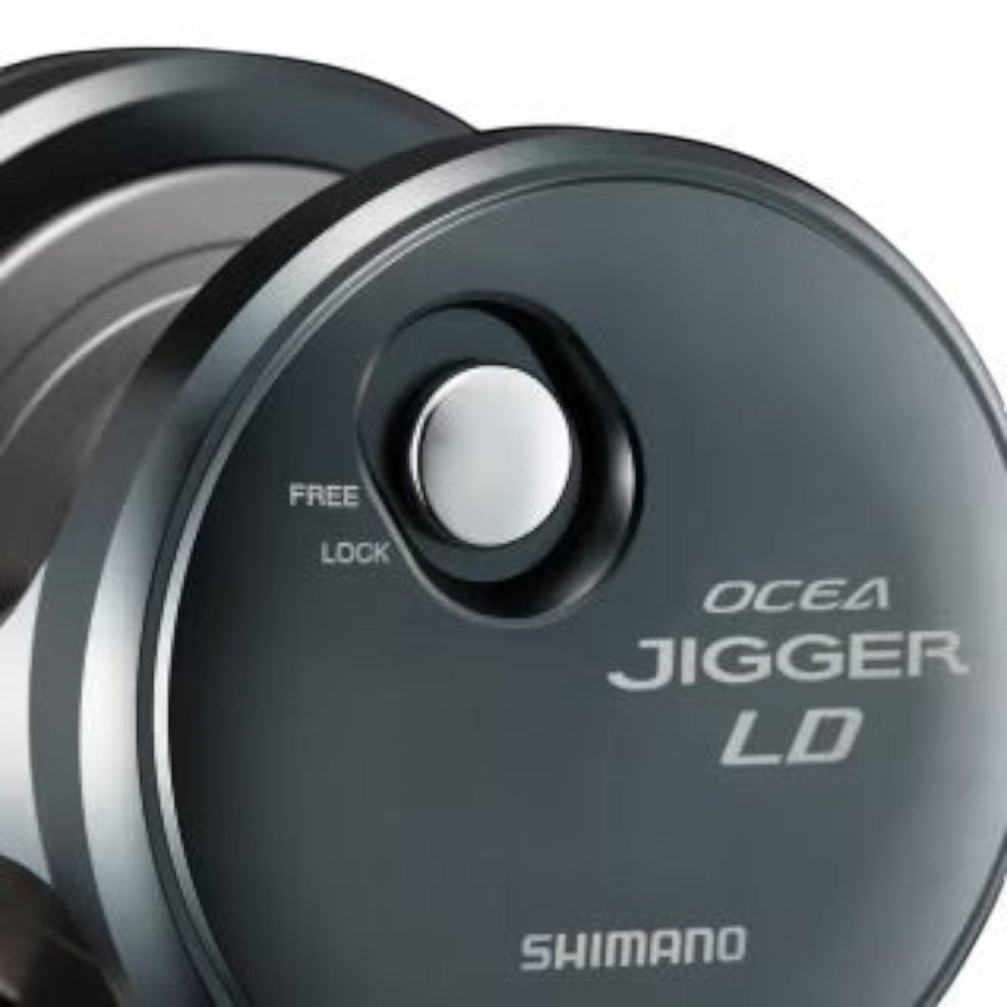 Dogfish Tackle & Marine Shimano Ocea Jigger LD lever drag fishing reel in gunmetal, featuring a free/lock switch and HAGANE body.