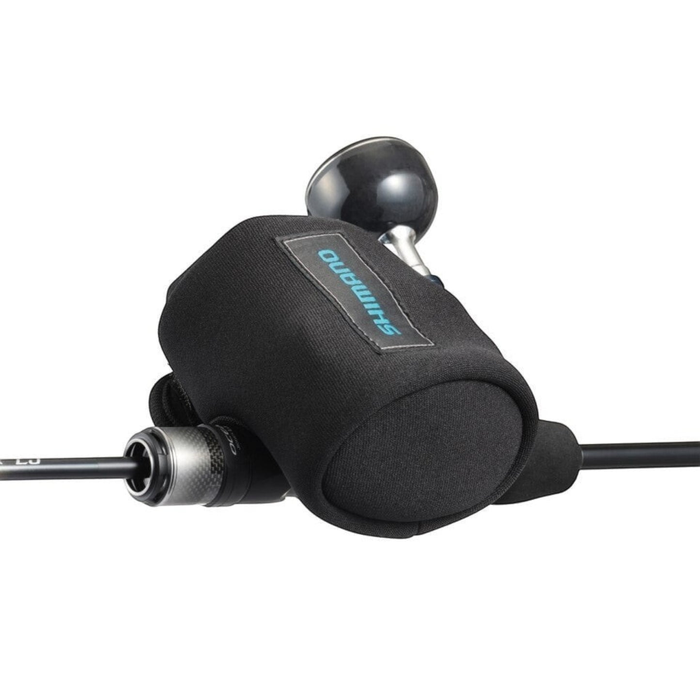 Dogfish Tackle & Marine black neoprene reel cover with Shimano logo, fits baitcast reels.