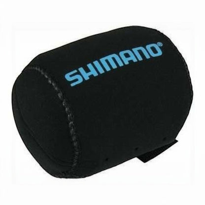 Dogfish Tackle & Marine black neoprene reel cover with blue Shimano logo, protects reels from scratches.