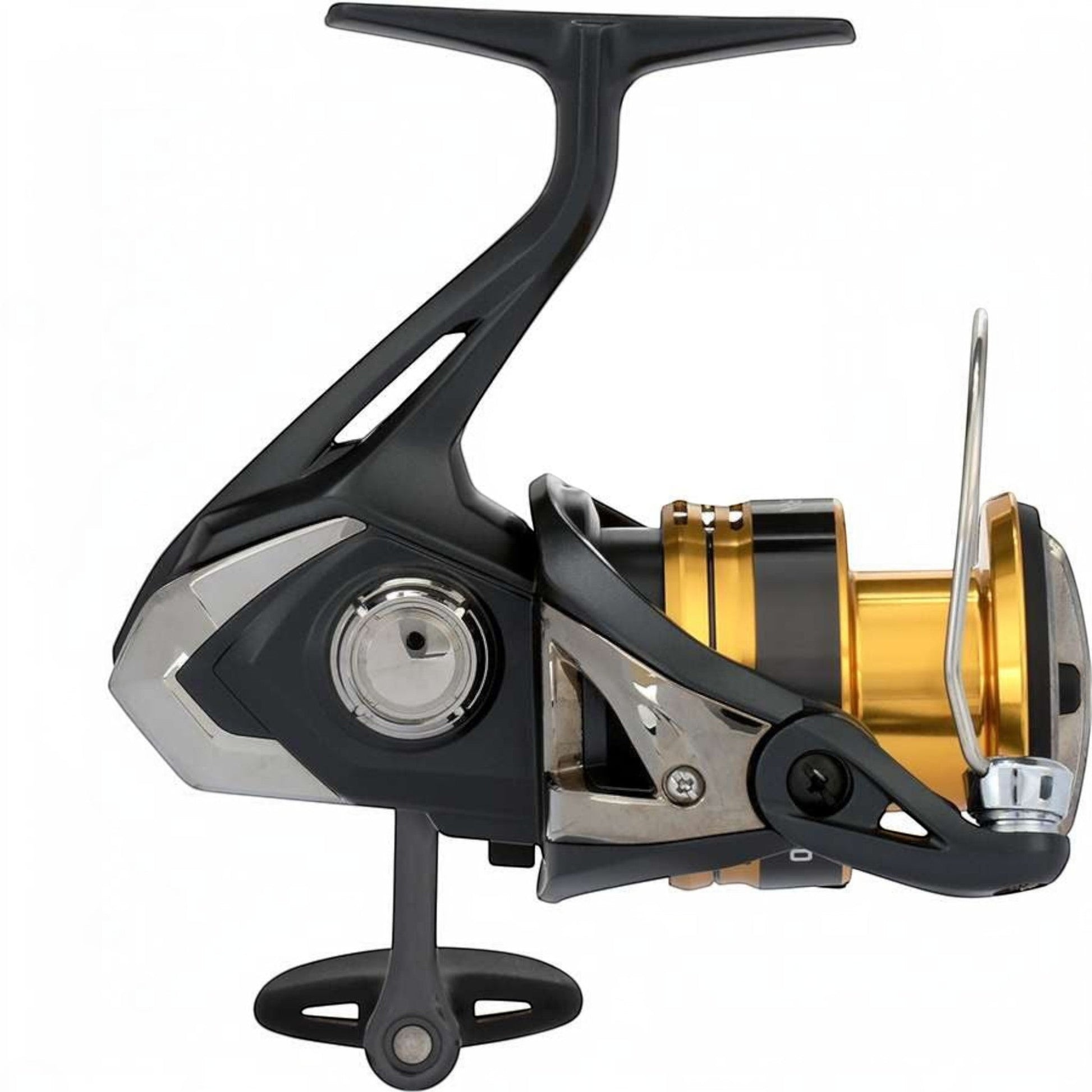 Dogfish Tackle & Marine Shimano Sahara FJ spinning reel with black and gold spool and silver accents. Features HAGANE Gear and SilentDrive.