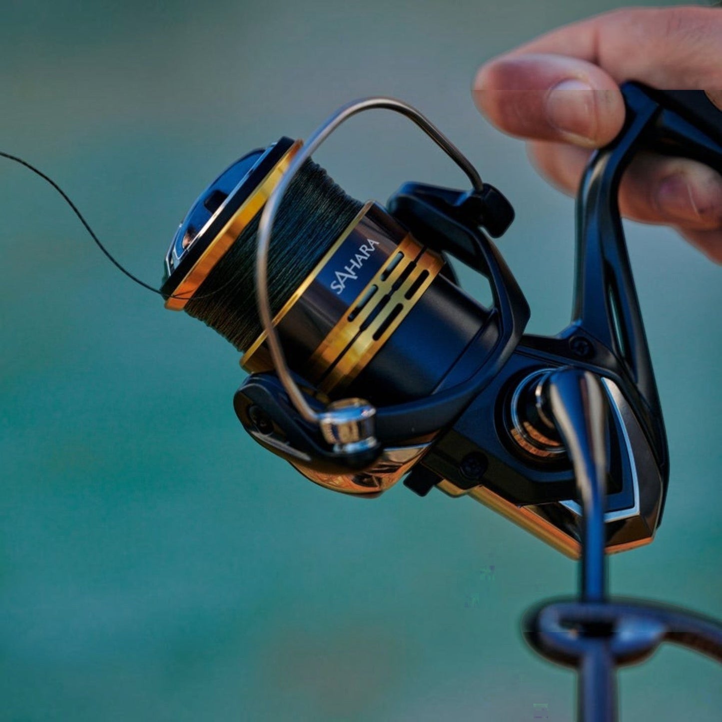 Dogfish Tackle & Marine Shimano Sahara FJ spinning reel, black with gold accents, featuring HAGANE Gear and SilentDrive technology.