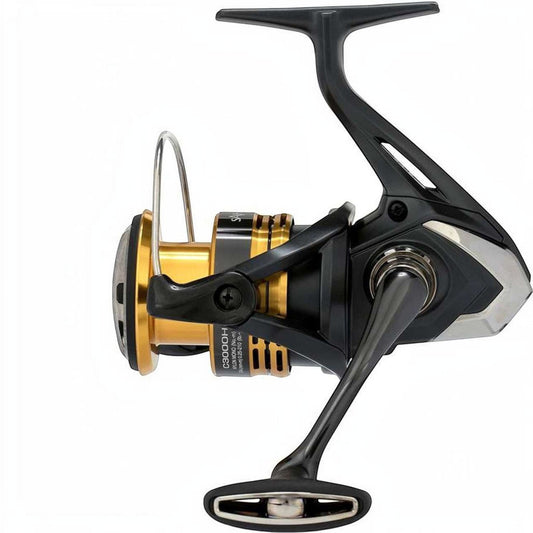 Dogfish Tackle & Marine Shimano Sahara FJ spinning reel in black and gold with a durable HAGANE Gear and SilentDrive technology.