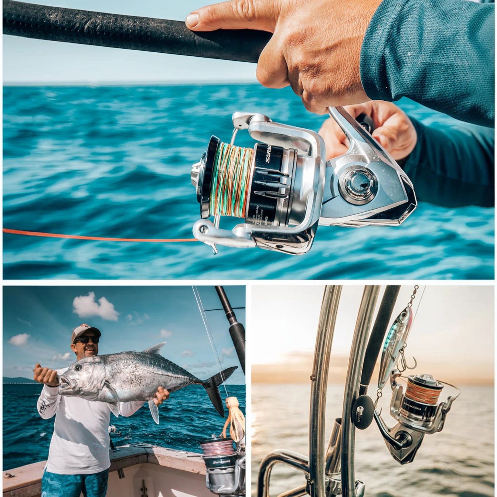 Dogfish Tackle & Marine Shimano Saragosa SW saltwater spinning reel with colorful braided line, held by a person fishing.