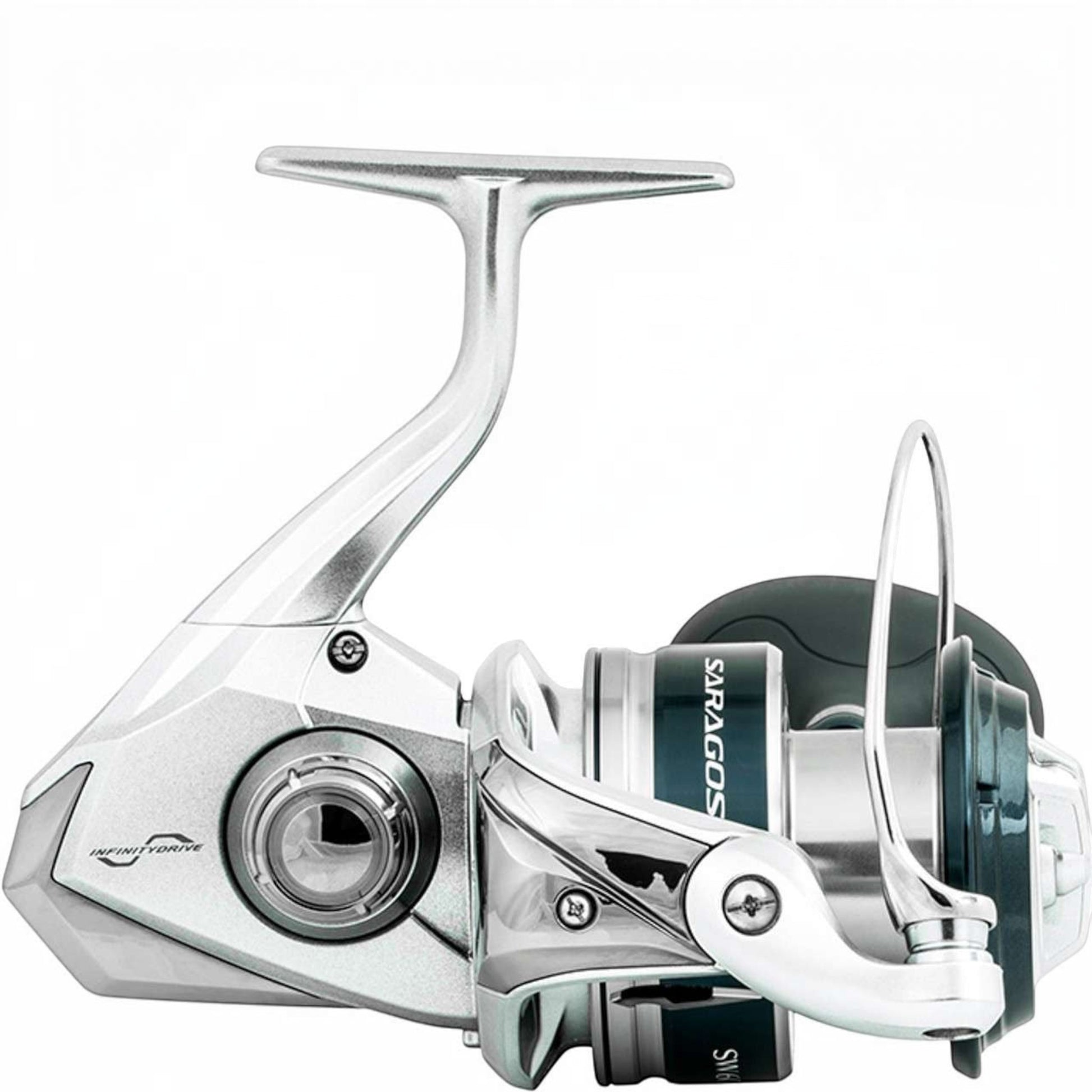 Dogfish Tackle & Marine Shimano Saragosa SW saltwater spinning reel in silver with dark teal accents. Features Infinity Drive technology.