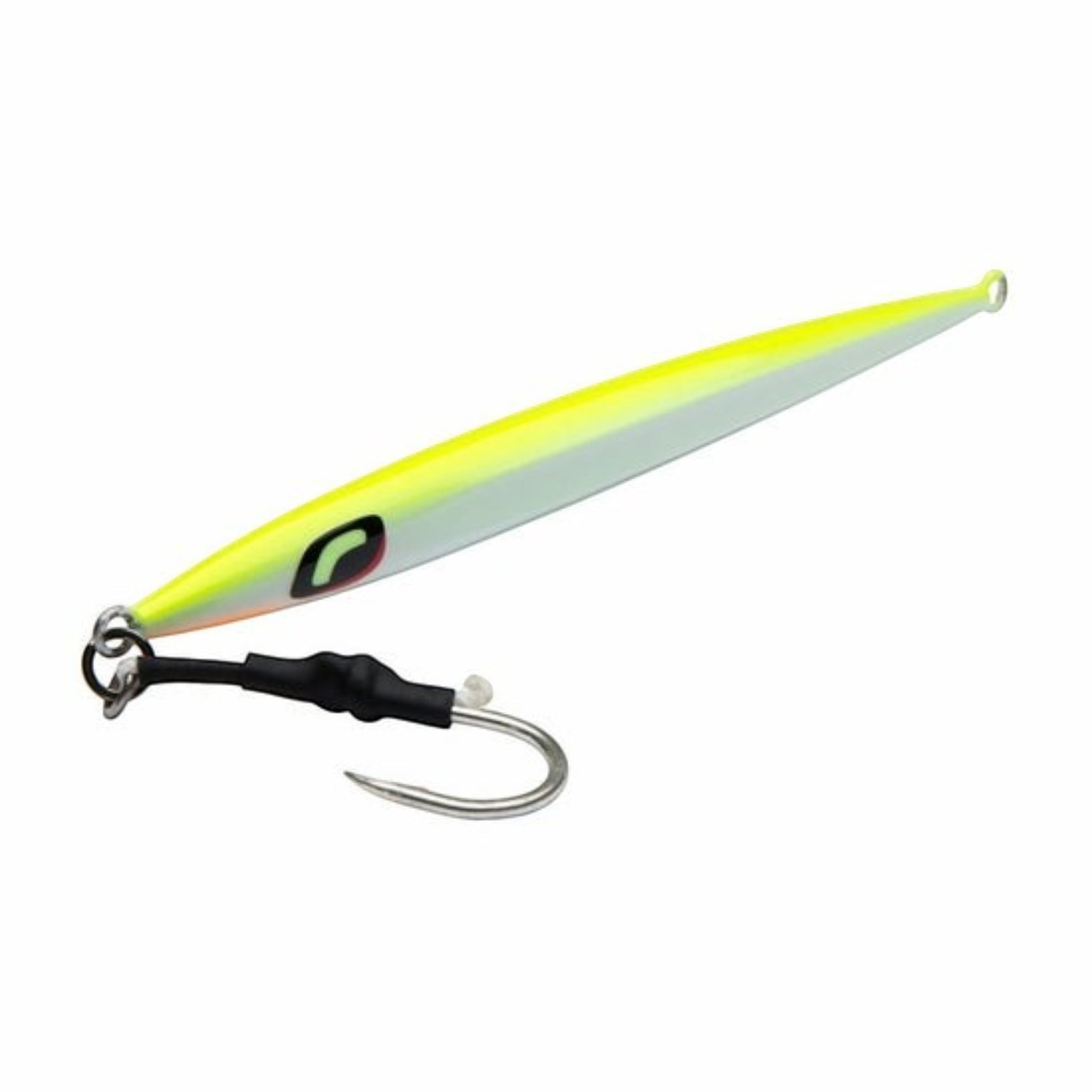 Dogfish Tackle & Marine Shimano Butterfly Shimmerfall yellow and white slender fishing jig with a single assist hook