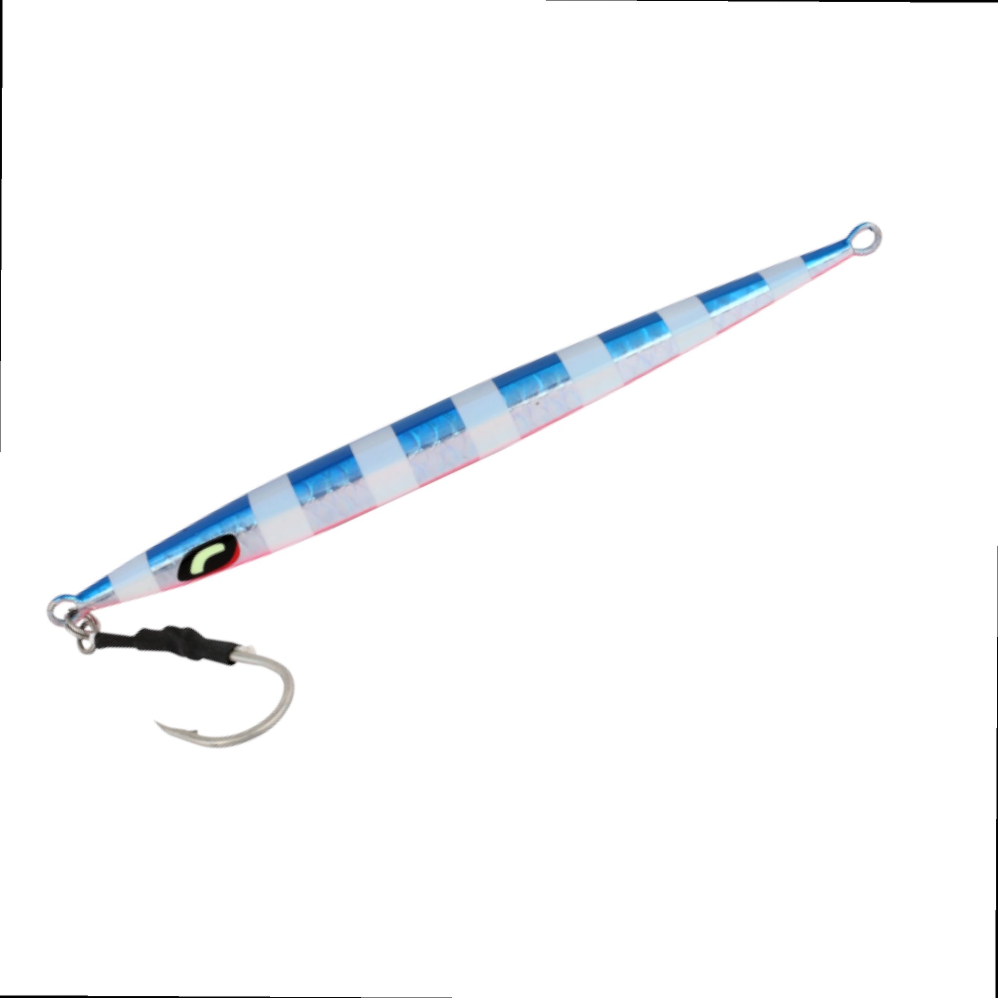 Dogfish Tackle & Marine Shimano Butterfly Shimmerfall blue and silver striped metal jig with attached fishing hook