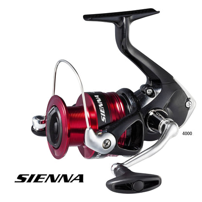 Dogfish Tackle & Marine Shimano Sienna FG spinning reel in red and black with silver handle and spool.
