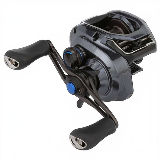 Dogfish Tackle & Marine Shimano SLX 70 A casting reel in gunmetal grey with black handle grips and blue accents. Features MGL Spool III and HAGANE Body.