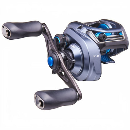 Dogfish Tackle & Marine Shimano SLX A 150 baitcasting reel with HAGANE Body and SVS braking system. Blue accents.