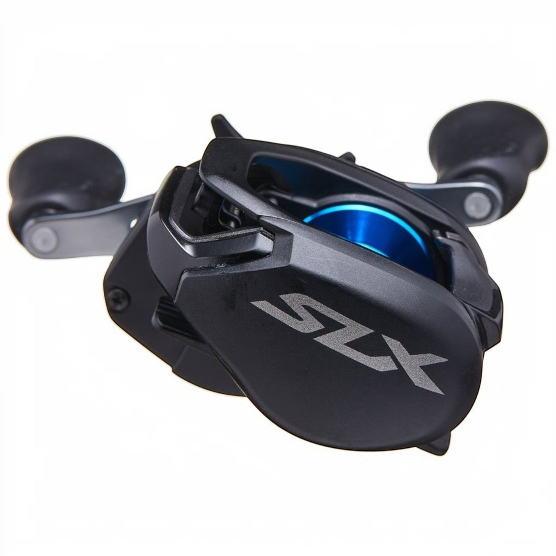 Dogfish Tackle & Marine Shimano SLX A 150 baitcasting reel with black body, silver accents, and blue spool. Features SVS braking and HAGANE body.