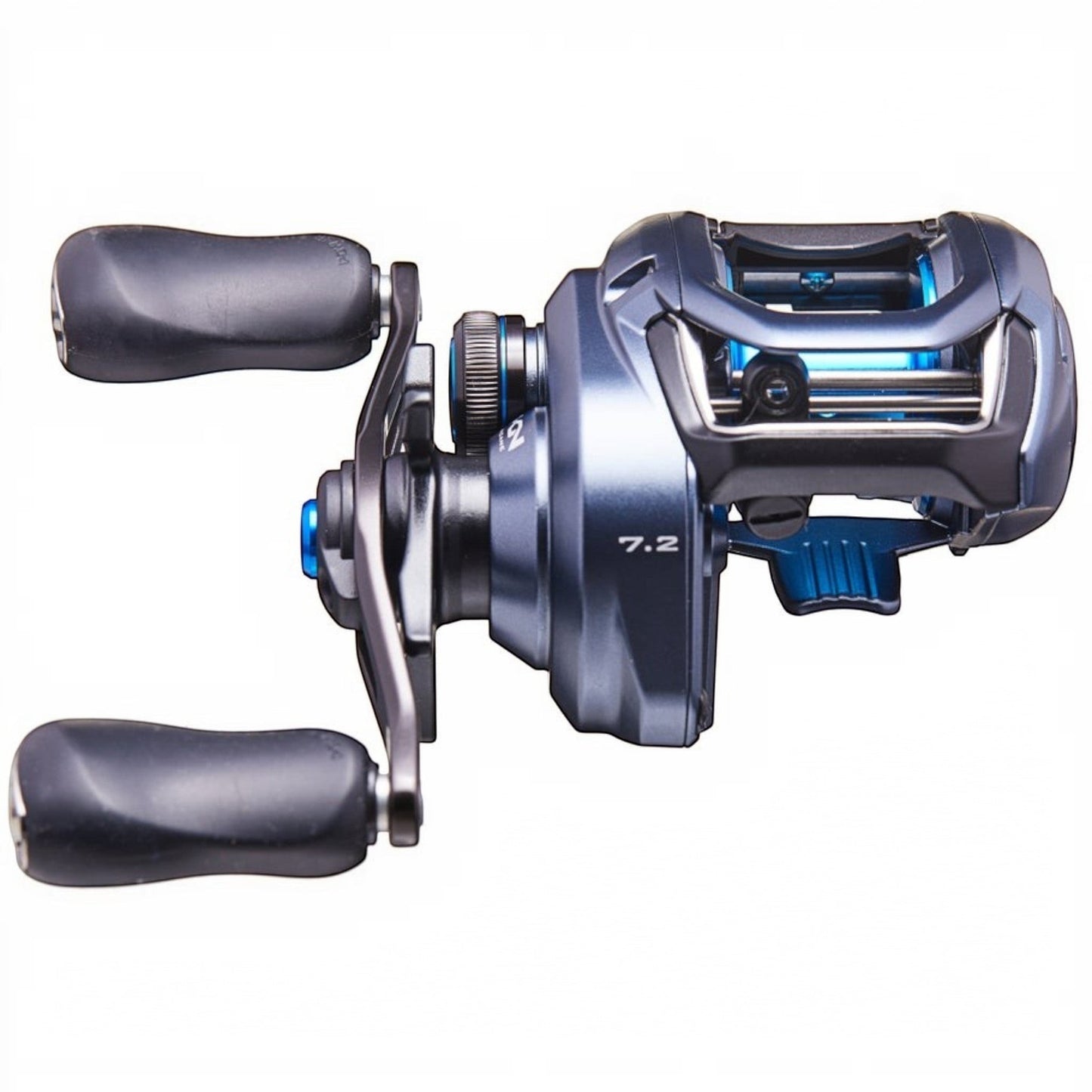 Dogfish Tackle & Marine Shimano SLX A 150 baitcasting reel with HAGANE Body and SVS braking system, in blue and gray.
