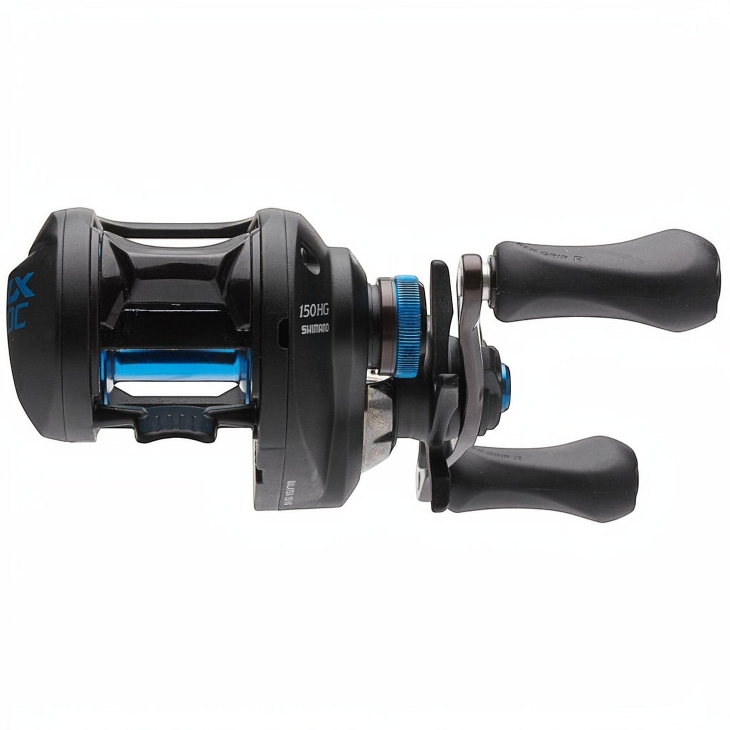 Dogfish Tackle & Marine Shimano SLX DC 150HG low profile baitcasting reel, black with blue accents, right-hand retrieve.