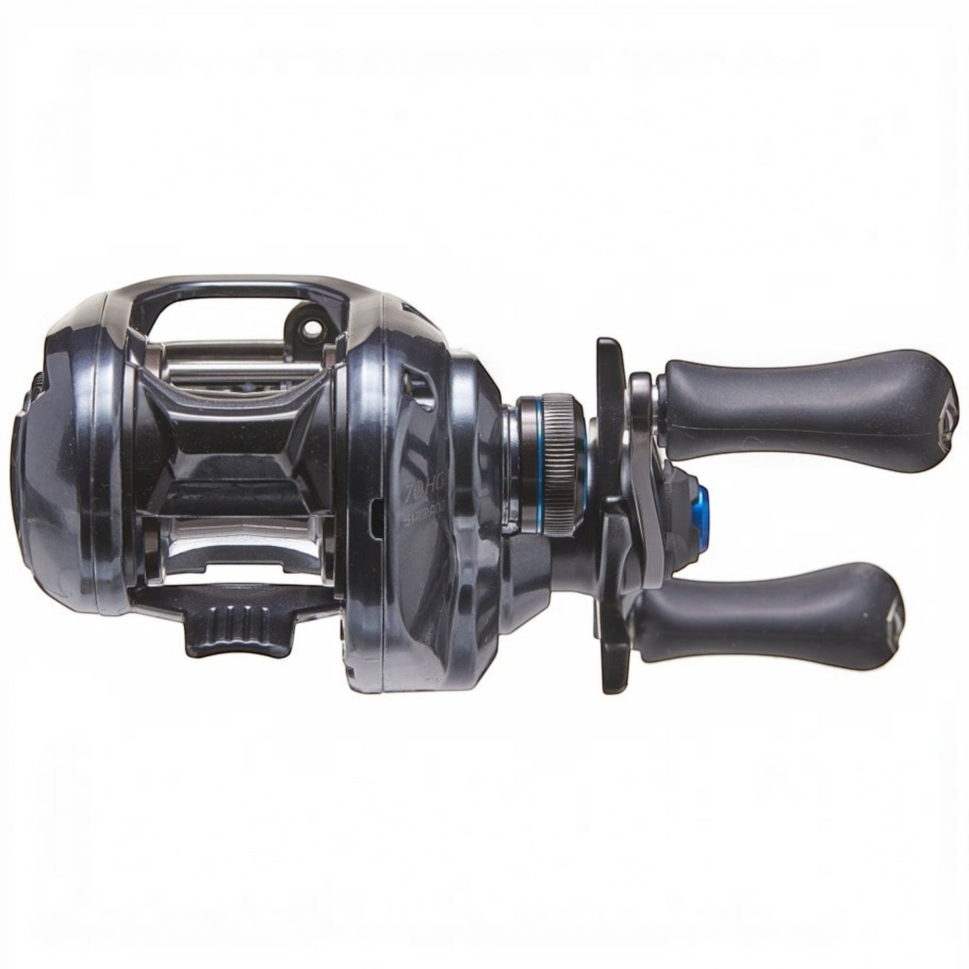 Dogfish Tackle & Marine Shimano SLX MGL 70 baitcasting reel in dark grey with black handles and blue accents. Compact design.