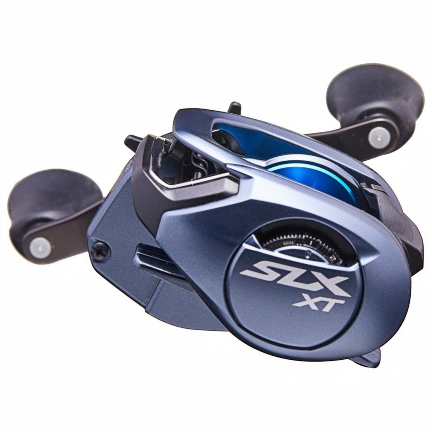 Dogfish Tackle & Marine Shimano SLX XT baitcasting reel in dark blue with silver accents and a blue spool.