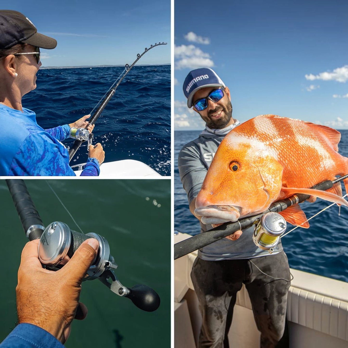 Dogfish Tackle & Marine Shimano Speedmaster II conventional fishing reel, silver and black, with a man holding a large red fish.
