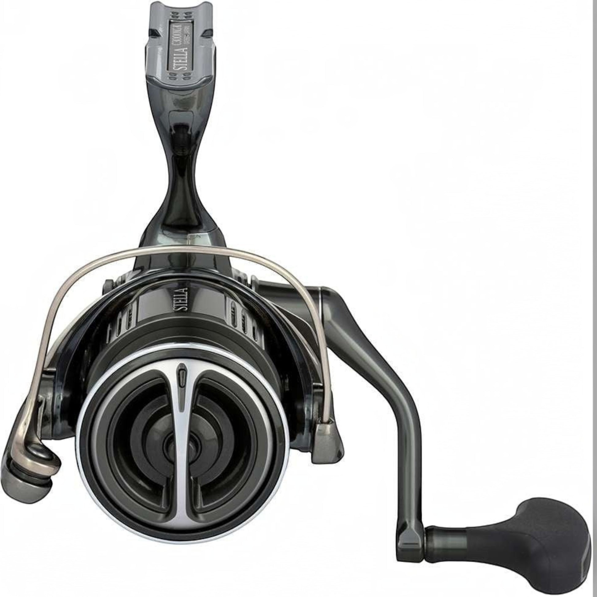 Dogfish Tackle & Marine Shimano Stella FK spinning reel in dark gray with silver accents. Features HAGANE gears and InfinityDrive.