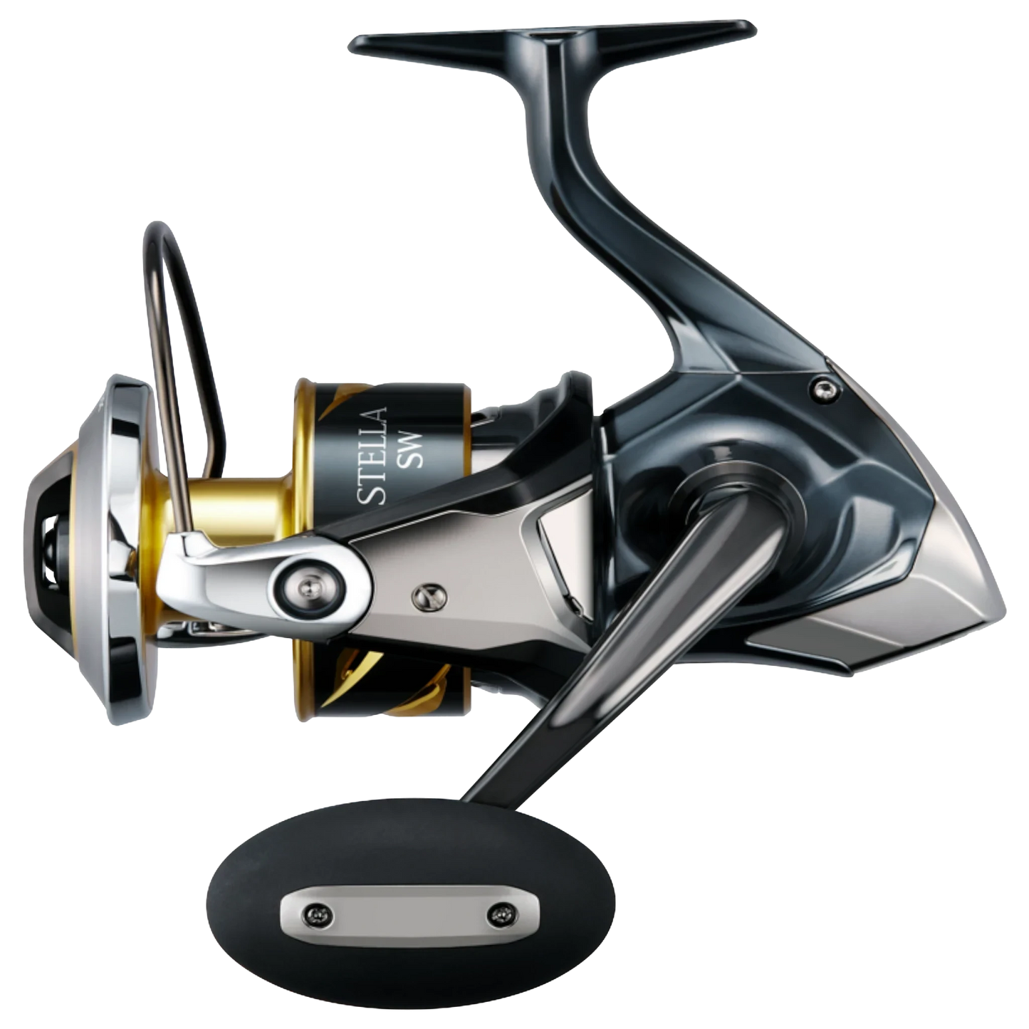 Dogfish Tackle & Marine Shimano 2025 Stella SW D spinning reel in gunmetal grey and gold with advanced drag technology.