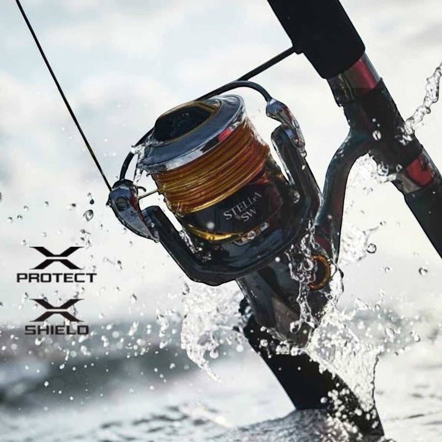 Dogfish Tackle & Marine Shimano 2025 Stella SW D spinning reel with gold spool, black body, and water splashing.